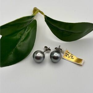Tahitian Pearl Stud Earrings for Women 14k White Gold 11 mm Round